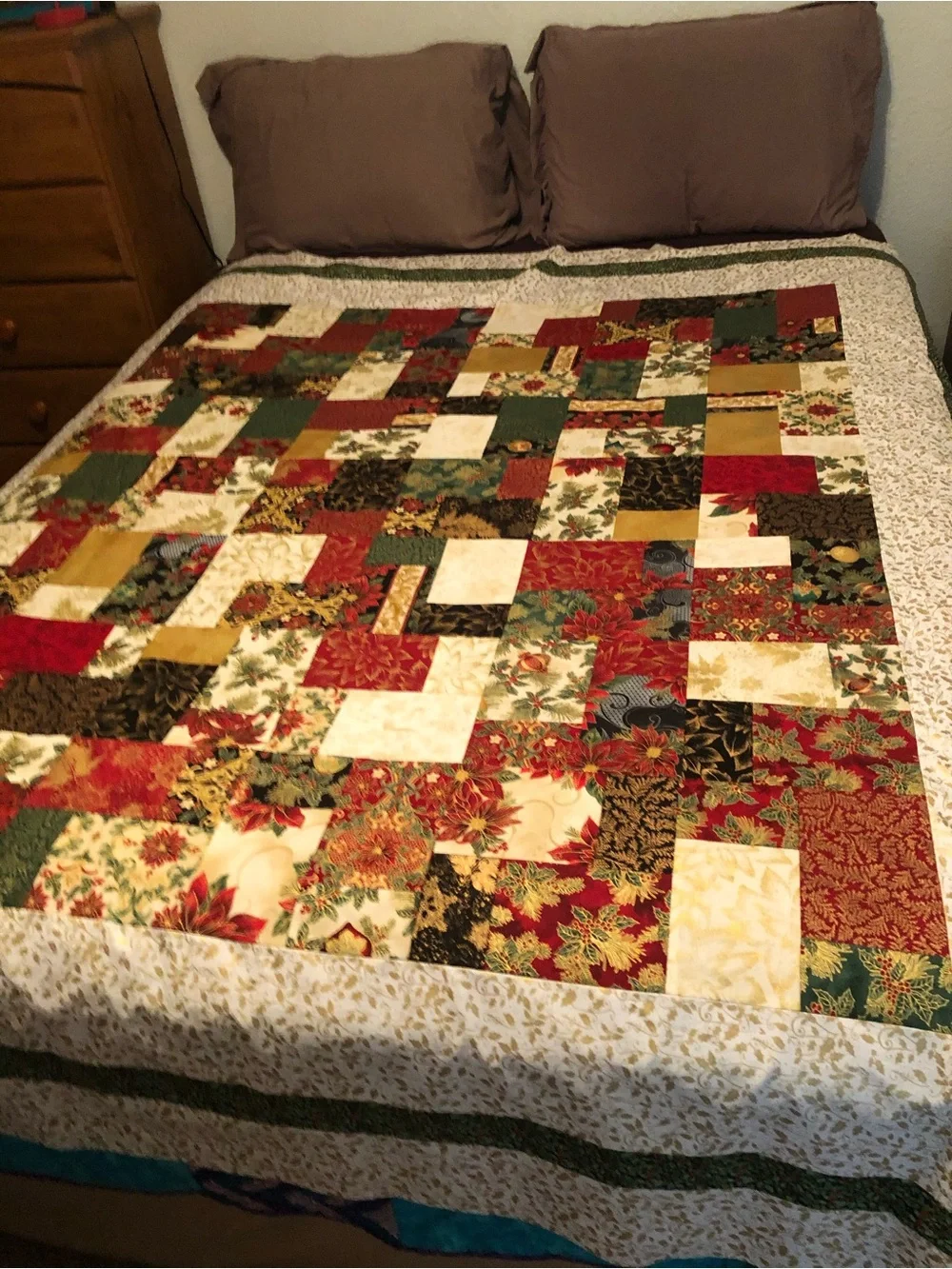 ONE OF A KIND— HANDCRAFTED Christmas Quilt in Red, Green, Gold, Cream